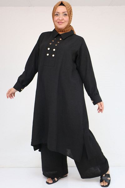 Eslina 57023 Plus Size Snap on Pants Suit - Black