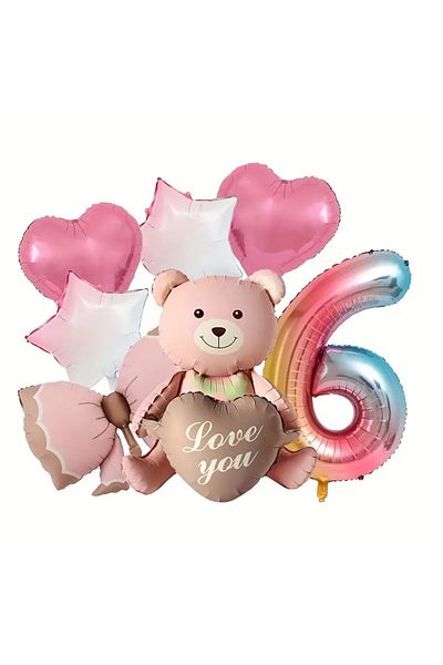 DÜVENCİ TİCARET Pink Sitting Bear Foil Balloon Birthday Age Balloon Set
