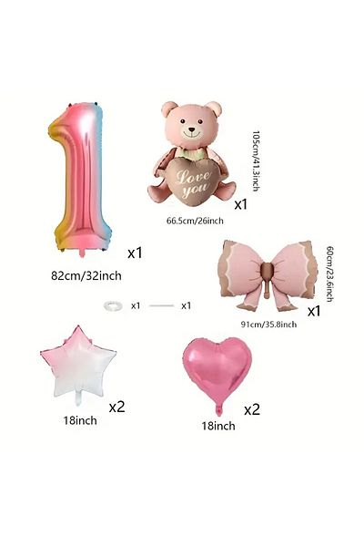 DÜVENCİ TİCARET Pink Sitting Bear Foil Balloon Birthday Age Balloon Set