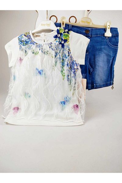 GAMZEAKKUŞ Girls' Set of 2 with Fringe, Floral Print Short Sleeve T-Shirt and Printed Denim Shorts