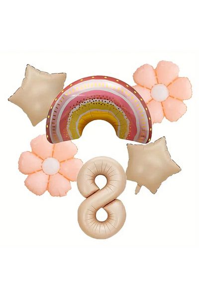 DÜVENCİ TİCARET 6 Pieces Set Rainbow Daisy Balloons and Cream Color Foil Balloon Birthday Party Decorations