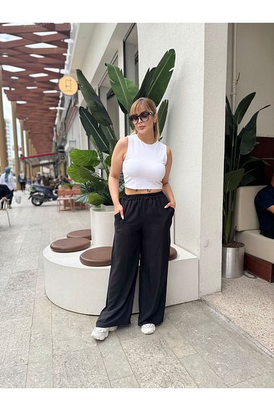 fly just Women's Plus Size Pockets, Elastic Waist, Woven Sofia Linen Fabric, Casual Cut Trousers