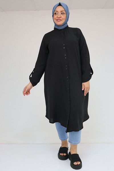 Eslina 58092 Large Size Double Button Detailed Muslin Shirt - Black