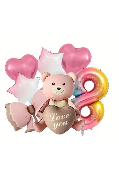 DÜVENCİ TİCARET Ροζ αλουμινένιο μπαλόνι αρκουδάκι, σετ μπαλονιών για γενέθλια