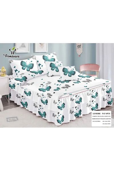 Gloryland Bed linen, 6 pieces, with ruffles, printed pattern, 270 x 245 cm