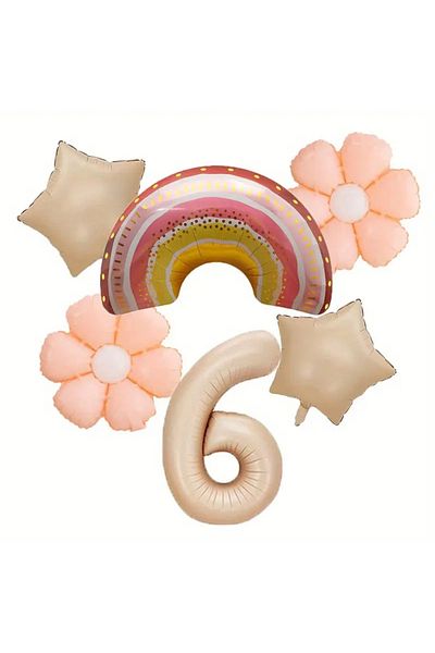 DÜVENCİ TİCARET 6 Pieces Set Rainbow Daisy Balloons and Cream Color Foil Balloon Birthday Party Decorations