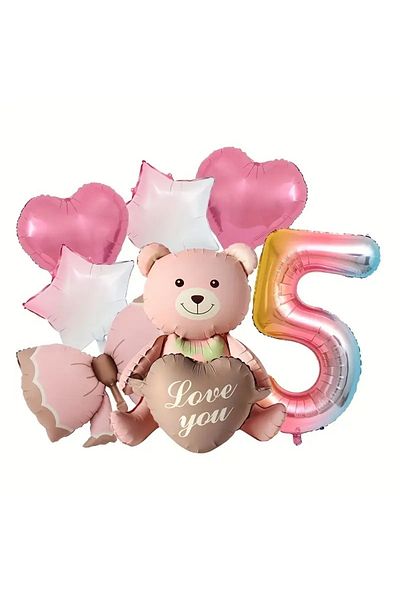 DÜVENCİ TİCARET Pink Sitting Bear Foil Balloon Birthday Age Balloon Set