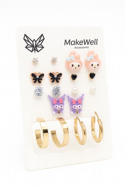 MakeWell Steel Needle Kuromi My Melody and Butterfly Design Children's Earrings Set with Zircon and Pearl Earrings