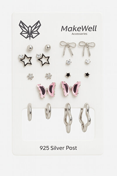 MakeWell 925 Ayar Gümüş İğneli Kelebek Yıldız ve Fiyonk Tasarımlı Zirkon Top ve Halka Küpeli Küpe Seti