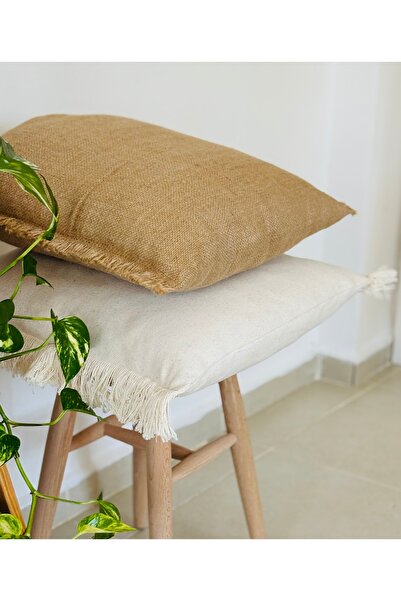 HOUSERİCH Natural Jute and 100% Cotton Fabric, Special Design, Handmade Set of 2 Throw Pillows