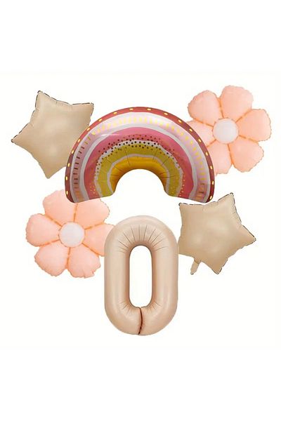 DÜVENCİ TİCARET 6 Pieces Set Rainbow Daisy Balloons and Cream Color Foil Balloon Birthday Party Decorations