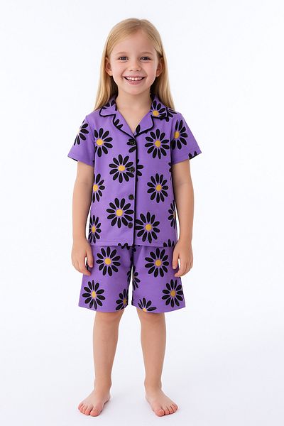 minikiss Girls' Summer Nightgown Pajama Set with Pile Piping Printed