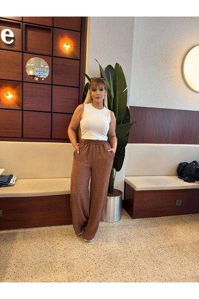 fly just Women's Plus Size Pockets, Elastic Waist, Woven Sofia Linen Fabric, Casual Cut Trousers