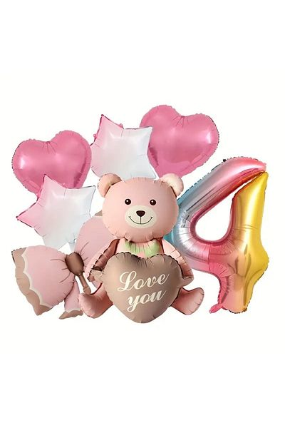 DÜVENCİ TİCARET Pink Sitting Bear Foil Balloon Birthday Age Balloon Set