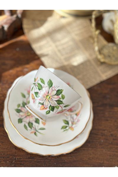 Royal Vale Stamped English Antique Porcelain Gilt Pink Floral Trio Teacup 3 Pieces