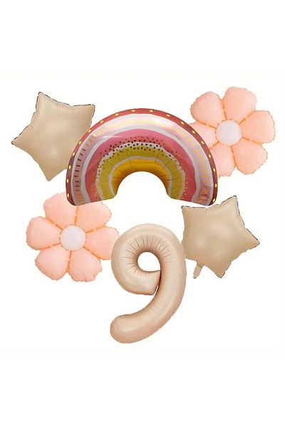 DÜVENCİ TİCARET 6 Pieces Set Rainbow Daisy Balloons and Cream Color Foil Balloon Birthday Party Decorations