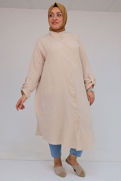 Eslina 58092 Large Size Double Button Detailed Muslin Shirt - Beige