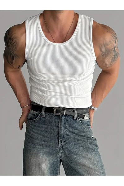 Burlu Men's White Weightlifting Collar Ribbed Sportsman Lycra Singlet