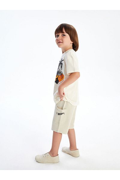 LC Waikiki Beige Printed Boys' T-Shirt and Shorts 2-Piece