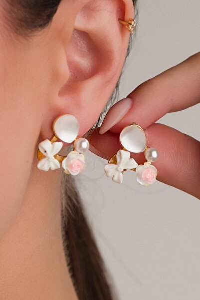 MRK Kadın İthal Beyaz Flower Çiçek Küpe