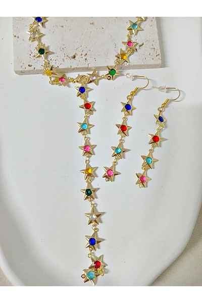 mos&more 3 Piece, Gold Star Mix Stone Dangle Earrings and Y Necklace Set