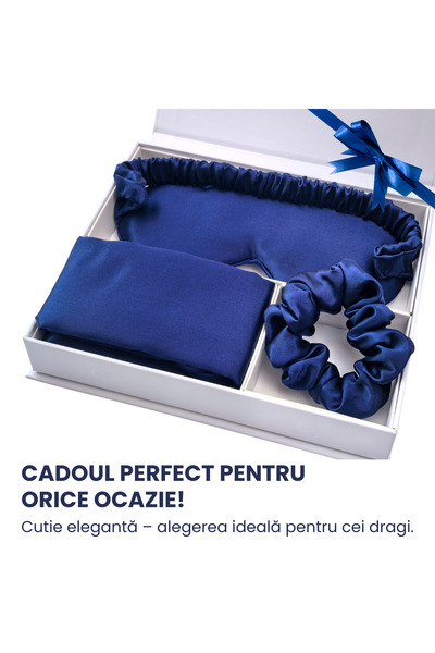 Lommad Set Premium Matase Naturala Mulberry 100% ®, Fata Perna 50x70, Masca Somn, Elastic Par, Bleumarin