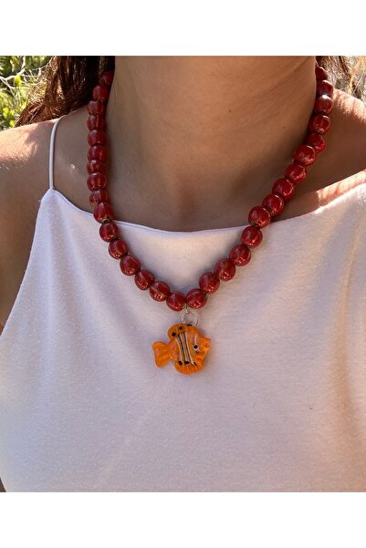 YENGEÇ Orange Beaded Fish Necklace