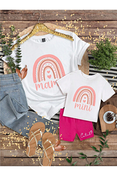 SVART WEAR Set de tricouri combinat pentru mama și fiica tricou pentru fete gemene, inimă geometrică pentru mamă (PRET SOLITAR)