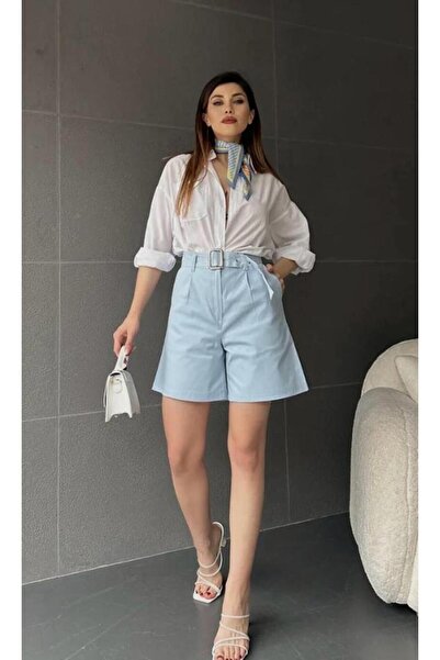 Yarın Ne Giysem Сині шорти з широкими штанинами та поясом з ажурною обробкою ...