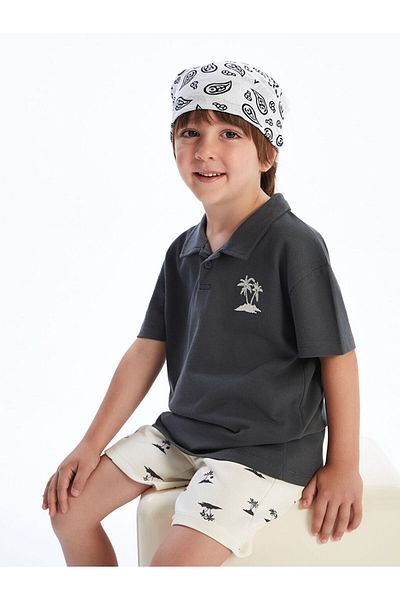 LC Waikiki Anthracite Printed Boys' T-Shirt and Shorts 2-Piece