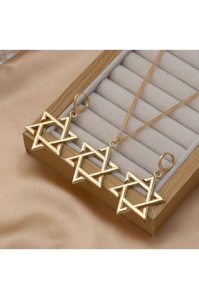 Yıldız Accessory Davut Yıldızı Kolye Küpe 2li Set 6 Köşeli Yıldız Çelik Set