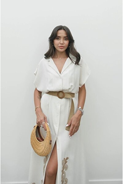 BRTC design Kadın Krem Kemer Detaylı Çiçek Nakışlı Maxi Elbise