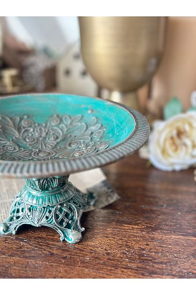 Handmadesign Hand-Painted Polyester Turquoise Gilded Footed Bowl Decorative Plate Medium Presentation Bowl