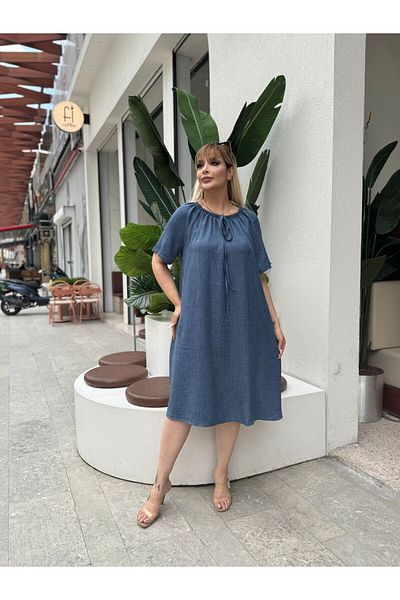 fly just Women's Plus Size Madonna Collar Short Sleeve Sofia Linen Dress