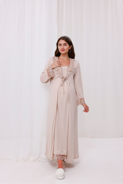 Yulem Homewear طقم ملابس نوم للحوامل بأكمام وياقة بيج بتصميم دانتيل كامل الطول مكون من قطعتين