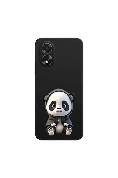 PrintiFy Oppo A18 ile Uyumlu Sevimli Panda (0214d) Tasarımlı Siyah Lansman Kılıf
