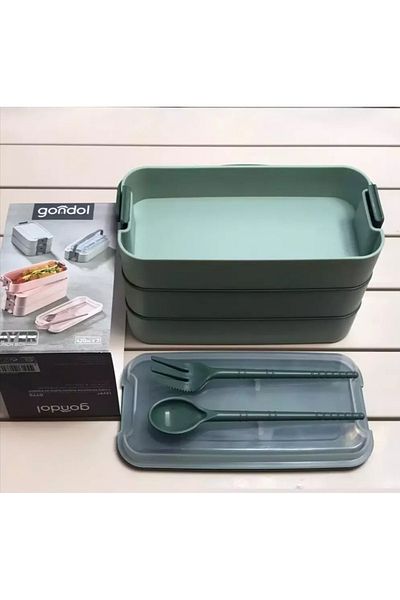 ATABY Gondol Layer G-770 Lunch Box (3 Tiers X 420ml & Fork & Spoon & Single Carrying Handle) (Pink, Y