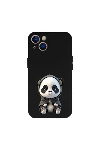 PrintiFy iPhone 13 ile Uyumlu Sevimli Panda (0214d) Tasarımlı Siyah Lansman K...