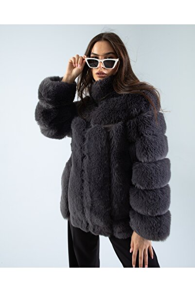 Butic Kadın Gri Yapay Kürk Kaban Dik Yaka