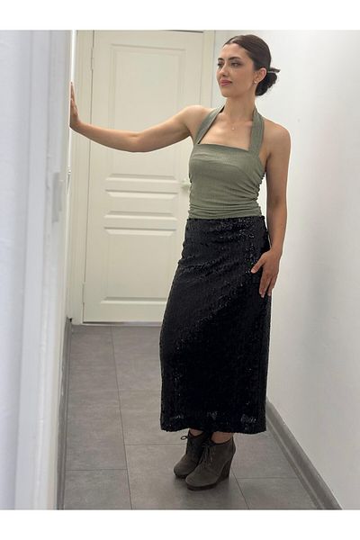soBasic Sequin Long Length Lined Slit Side Zipper A-Line Skirt