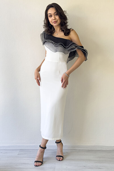 the ZKS Kadın Tek Omuz Fırfır Şerit Detaylı Midi Boy Kalem Elbise Siyah, Beyaz