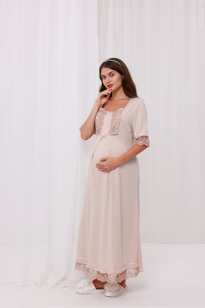 Yulem Homewear Beige Design Full Height Postpartum Maternity Nightgown-Robe 2-Piece Set with Lace Sleeves and Collar
