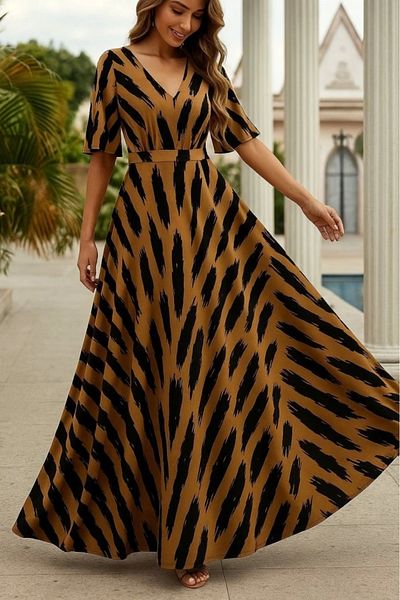 goopall Rochie de damă cu mâneci scurte cu decolteu în V cu imprimeu