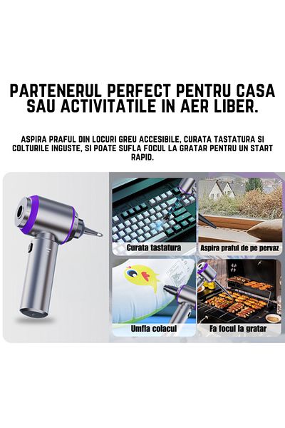 Lommad Aspirator de Mana, Aspirare, Suflare, Sigilare, 3 filtre HEPA, 12 Accesorii, 15000Pa, Geanta inclusa