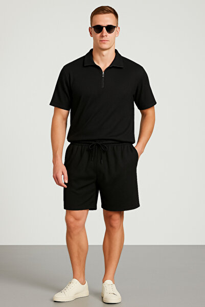 tetramoda Ottoman Ribbed Half Zip Polo Neck T-Shirt and Shorts Set of 2