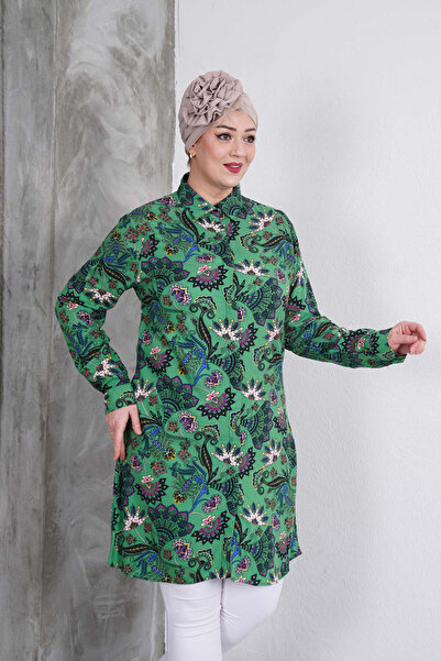 Polologin Butik Смарагдово-зелена сорочка-туніка з рослинним візерунком