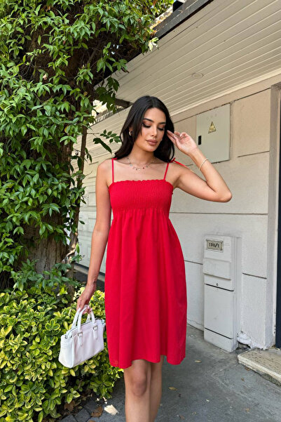 oshebu Kırmızı – Pamuklu Kısa Yazlık Kadın Elbise – Omuzdan Bağlamalı Askılı Büzgülü