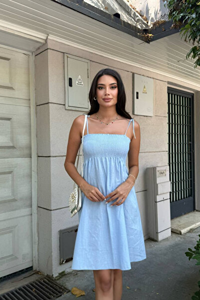 oshebu Bebe Mavi – Pamuklu Kısa Yazlık Kadın Elbise – Omuzdan Bağlamalı Askılı Büzgülü