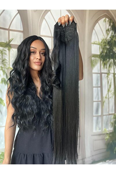 Suzan Peruk Siyah Düz At Kuyruğu Gerçek saç dokusunda-Bağlamalı Postiş 70 Cm ...