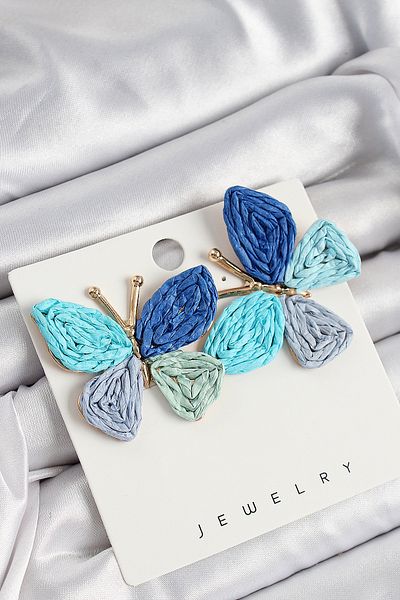 callerrons accessories Brass Blue Butterfly Model Gold Color Women's Straw Earrings - Ebj250711W36552